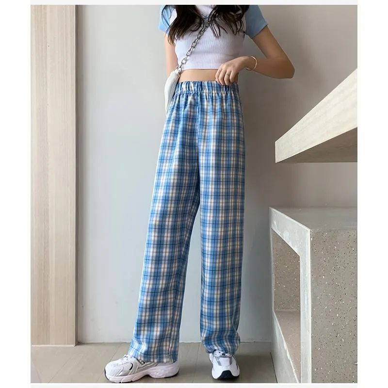 Casual Preppy Style Plus Petite Straight Pants Versatile Plaid Pants