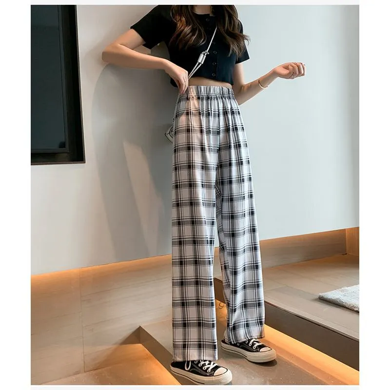 Casual Preppy Style Plus Petite Straight Pants Versatile Plaid Pants