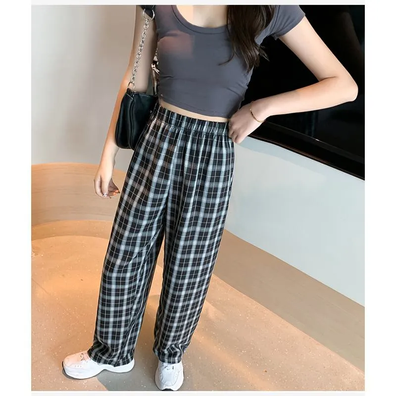 Casual Preppy Style Plus Petite Straight Pants Versatile Plaid Pants