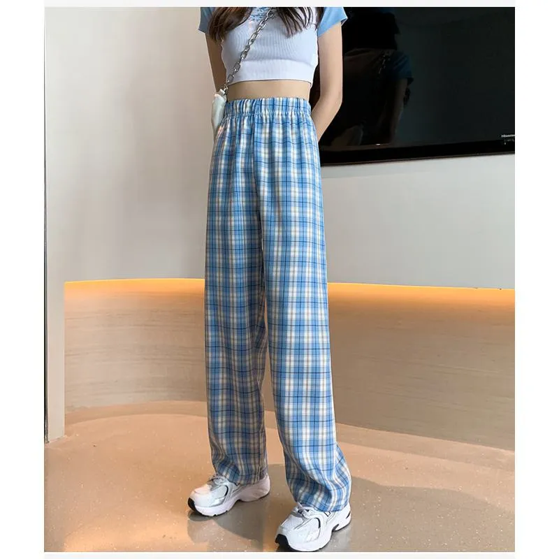 Casual Preppy Style Plus Petite Straight Pants Versatile Plaid Pants