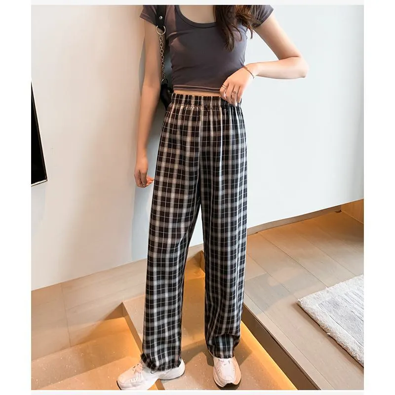 Casual Preppy Style Plus Petite Straight Pants Versatile Plaid Pants