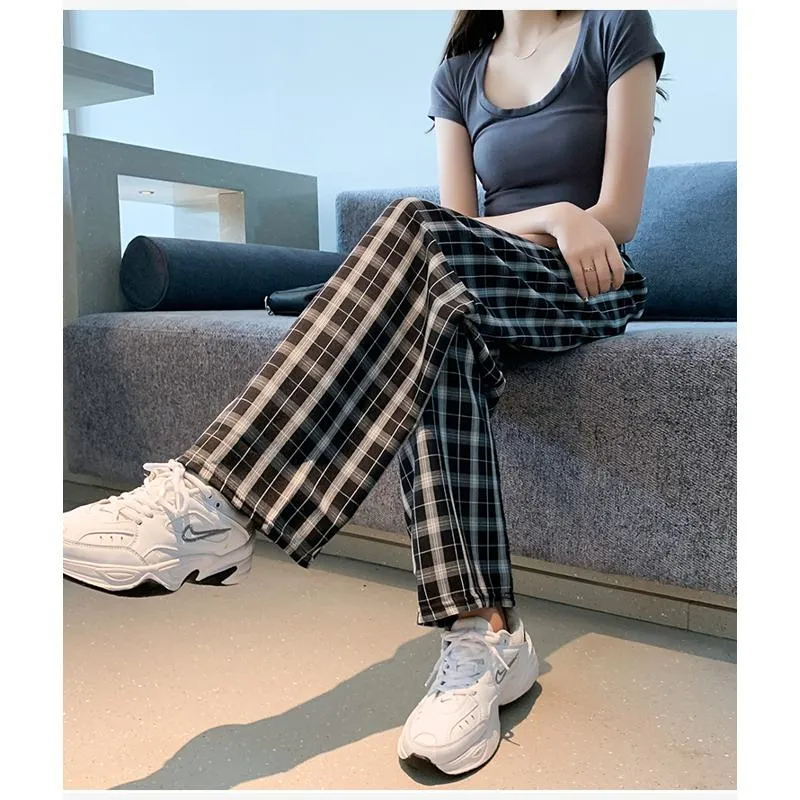 Casual Preppy Style Plus Petite Straight Pants Versatile Plaid Pants