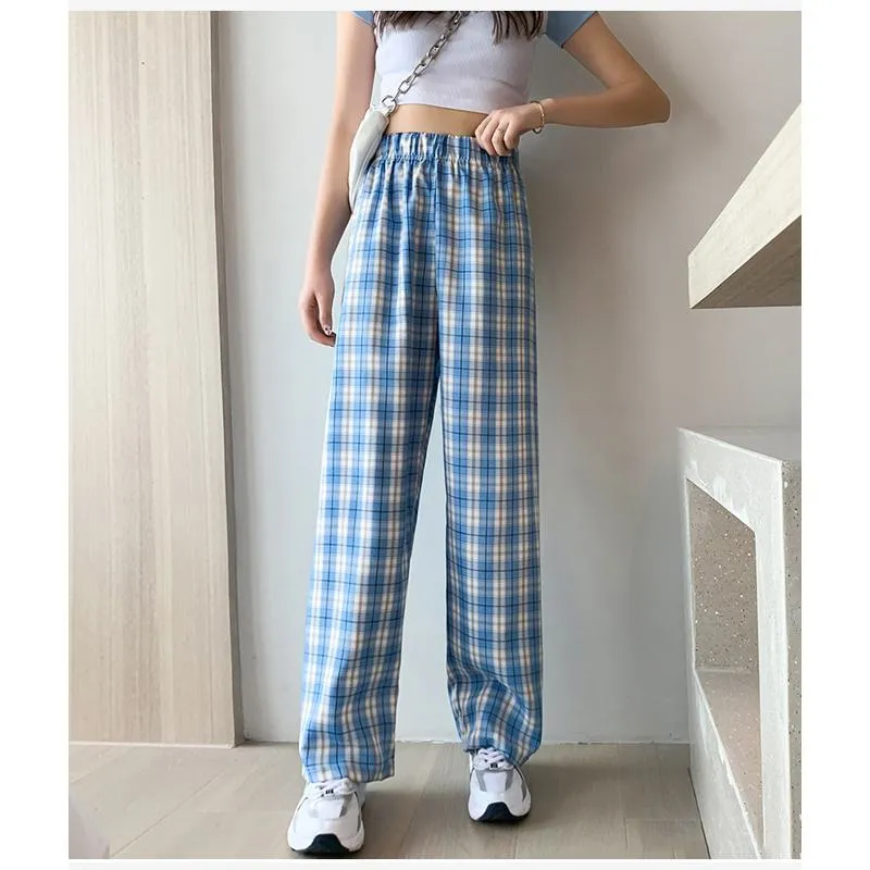 Casual Preppy Style Plus Petite Straight Pants Versatile Plaid Pants