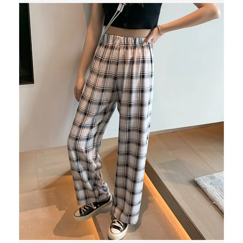 Casual Preppy Style Plus Petite Straight Pants Versatile Plaid Pants