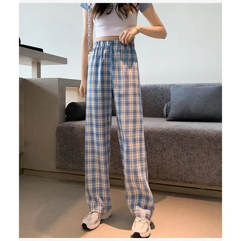 Casual Preppy Style Plus Petite Straight Pants Versatile Plaid Pants