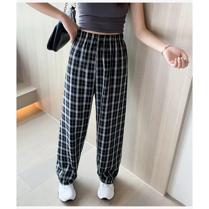 Casual Preppy Style Plus Petite Straight Pants Versatile Plaid Pants