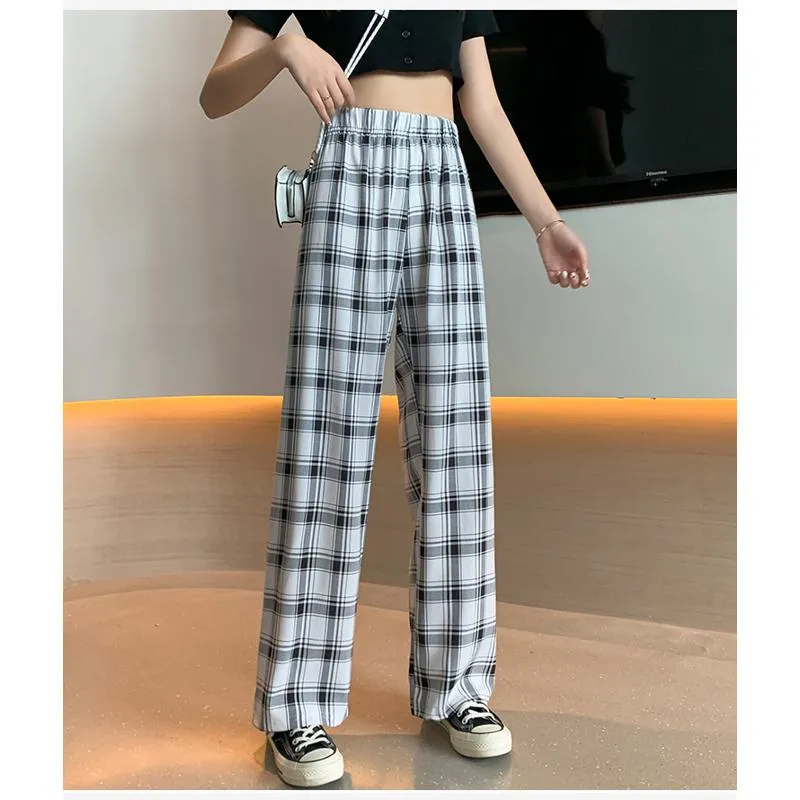 Casual Preppy Style Plus Petite Straight Pants Versatile Plaid Pants