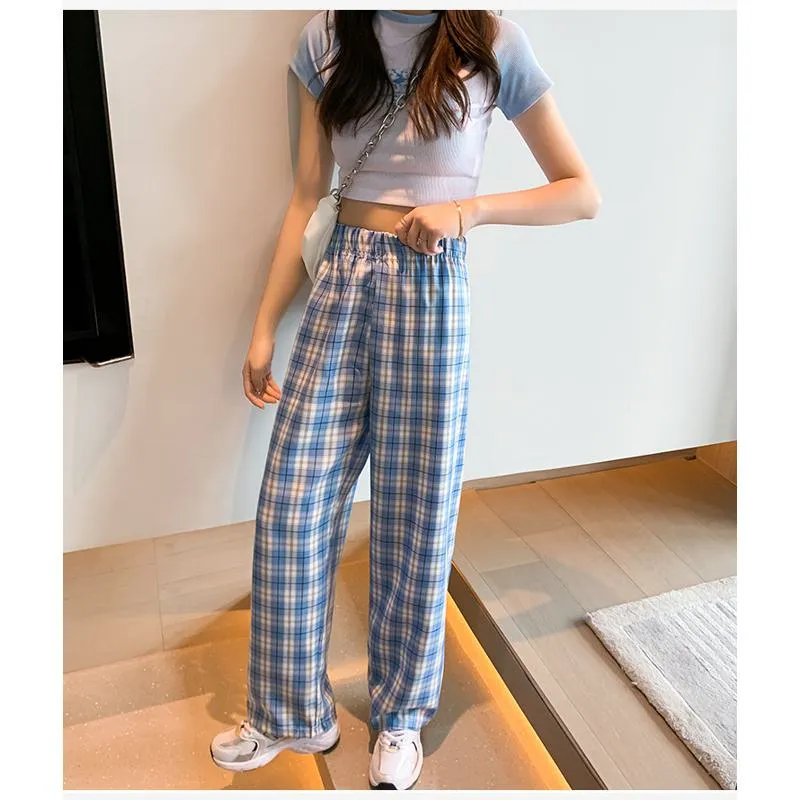 Casual Preppy Style Plus Petite Straight Pants Versatile Plaid Pants