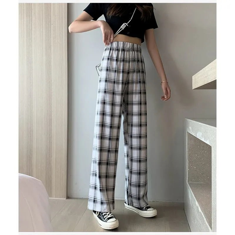 Casual Preppy Style Plus Petite Straight Pants Versatile Plaid Pants