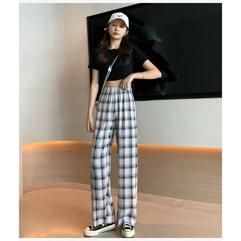 Casual Preppy Style Plus Petite Straight Pants Versatile Plaid Pants