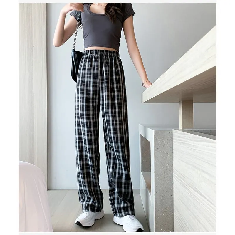 Casual Preppy Style Plus Petite Straight Pants Versatile Plaid Pants