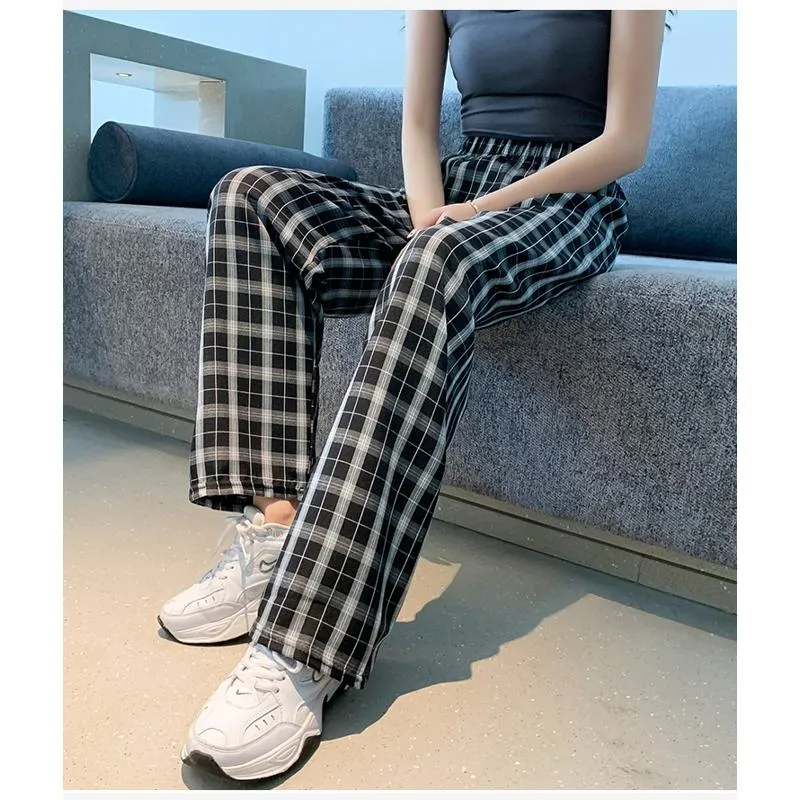 Casual Preppy Style Plus Petite Straight Pants Versatile Plaid Pants