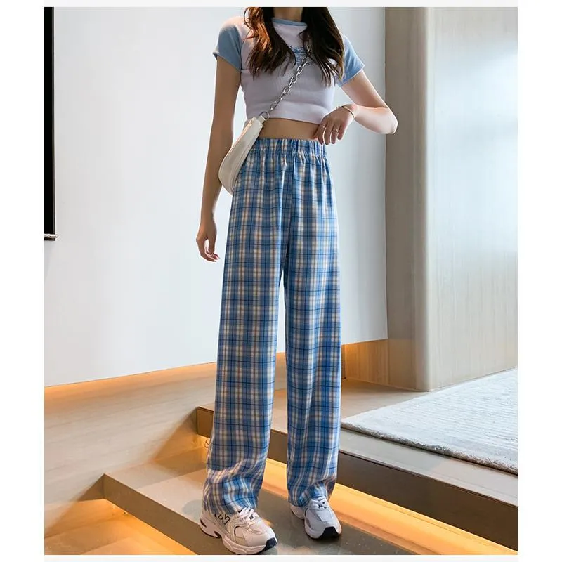 Casual Preppy Style Plus Petite Straight Pants Versatile Plaid Pants