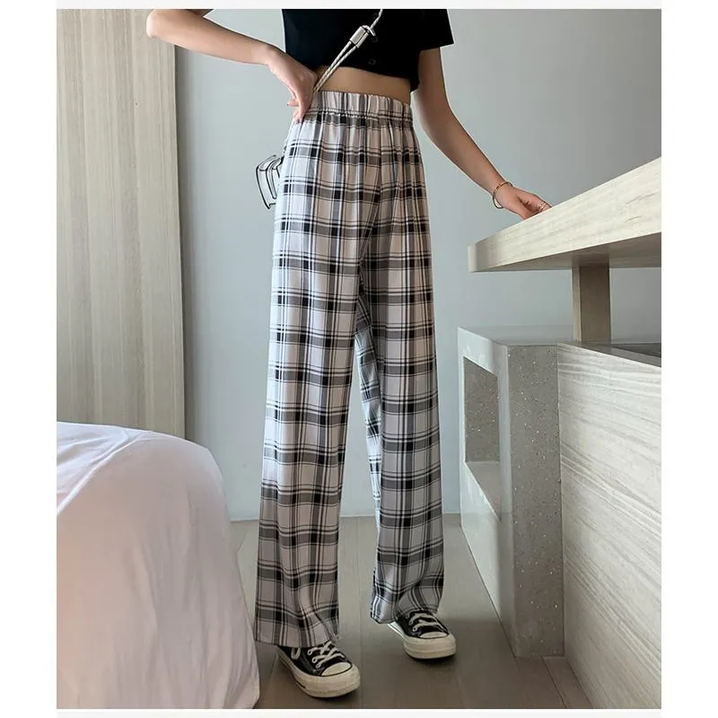 Casual Preppy Style Plus Petite Straight Pants Versatile Plaid Pants