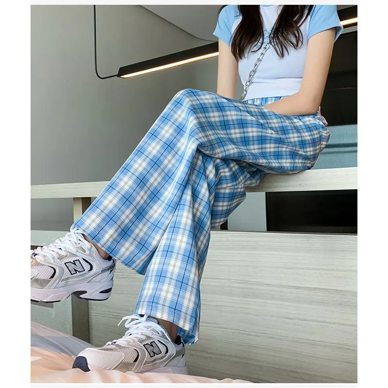 Casual Preppy Style Plus Petite Straight Pants Versatile Plaid Pants