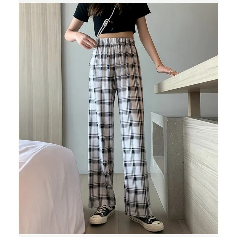 Casual Preppy Style Plus Petite Straight Pants Versatile Plaid Pants