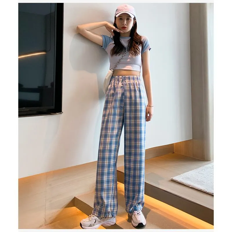 Casual Preppy Style Plus Petite Straight Pants Versatile Plaid Pants