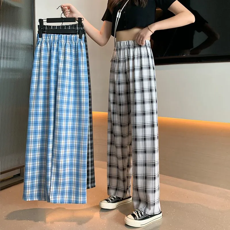 Casual Preppy Style Plus Petite Straight Pants Versatile Plaid Pants