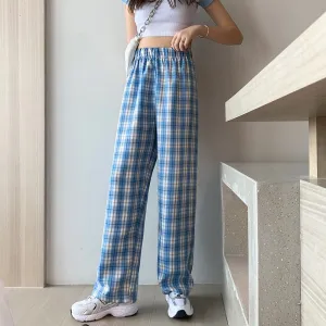 Casual Preppy Style Plus Petite Straight Pants Versatile Plaid Pants