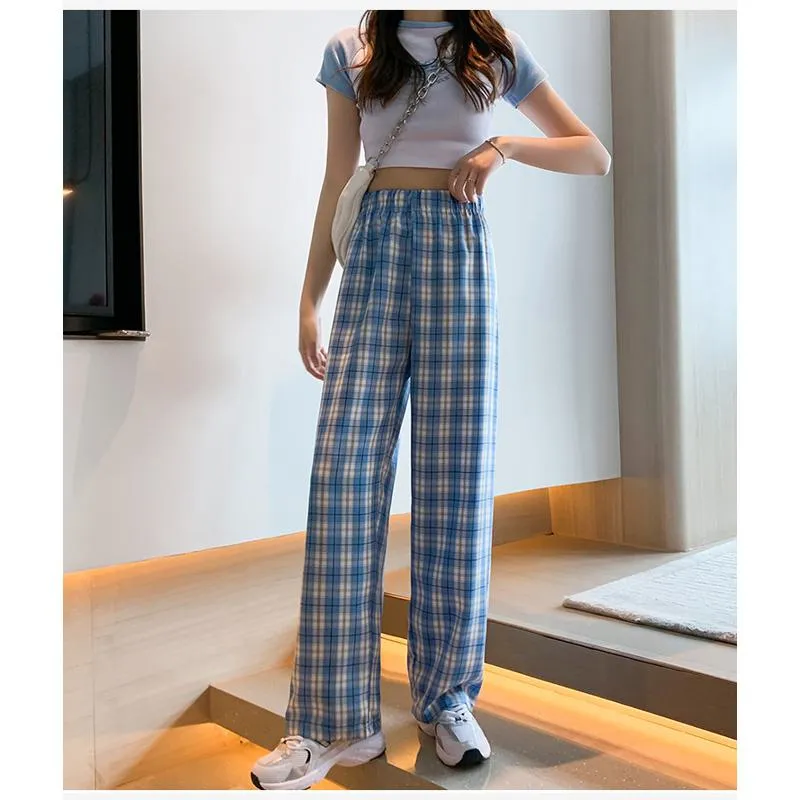 Casual Preppy Style Plus Petite Straight Pants Versatile Plaid Pants