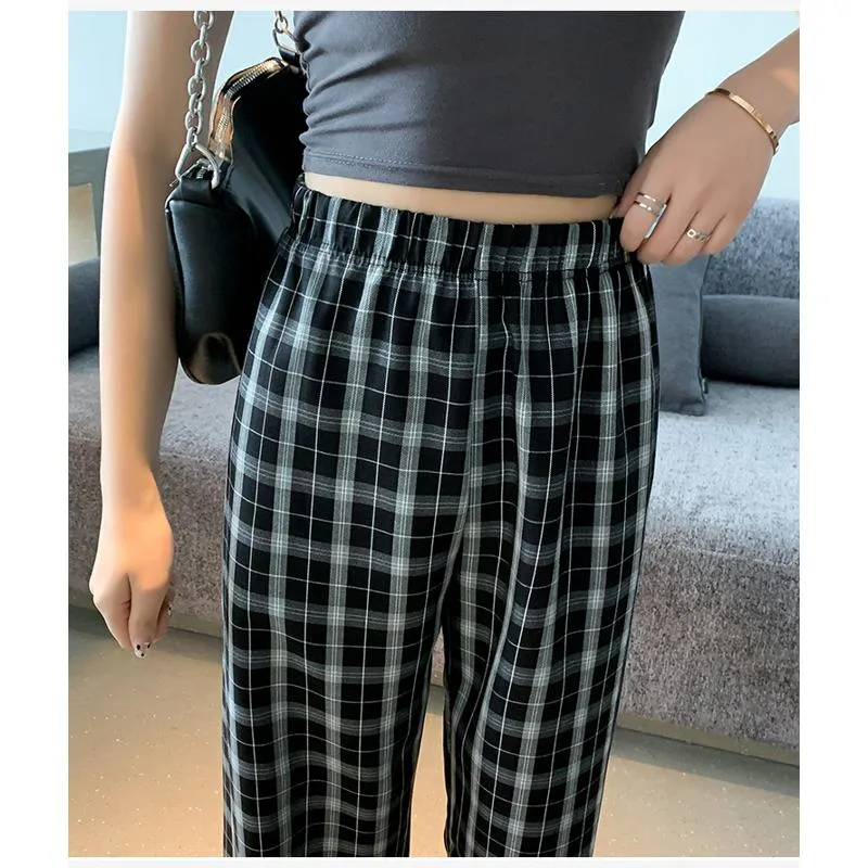 Casual Preppy Style Plus Petite Straight Pants Versatile Plaid Pants