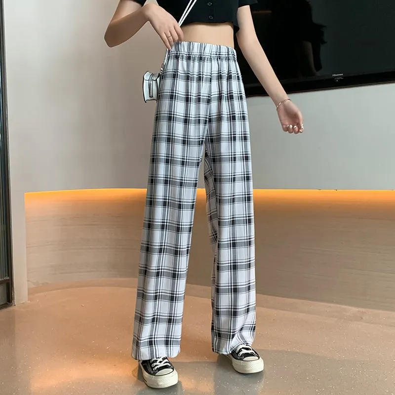 Casual Preppy Style Plus Petite Straight Pants Versatile Plaid Pants