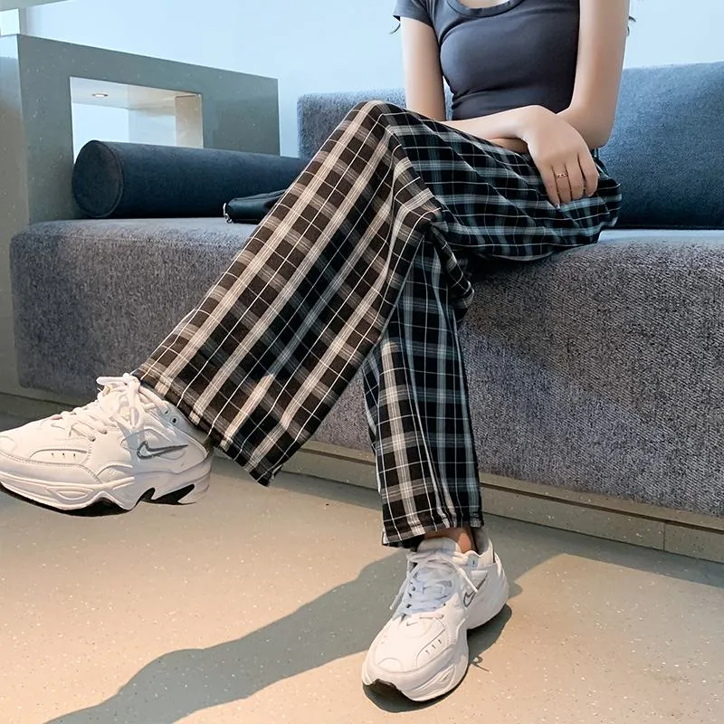 Casual Preppy Style Plus Petite Straight Pants Versatile Plaid Pants