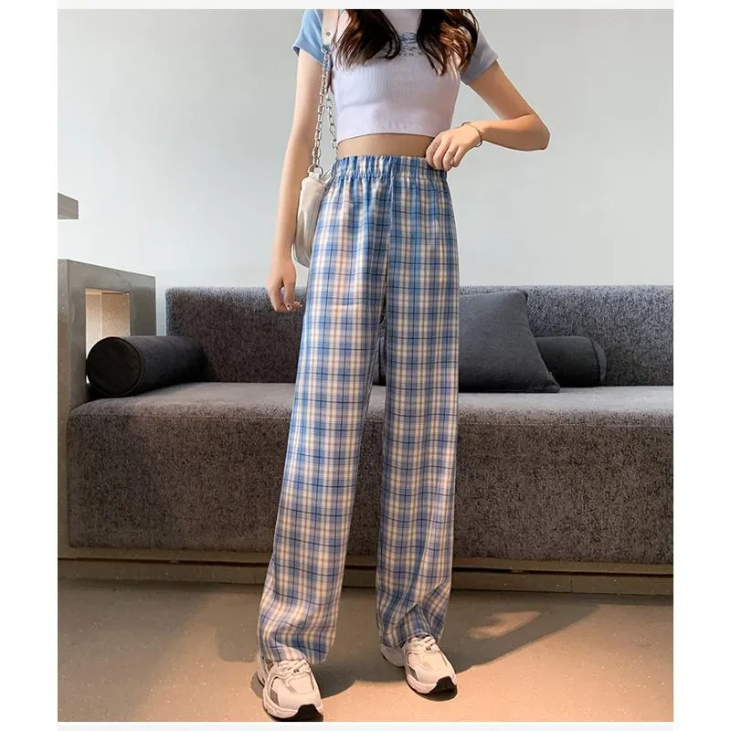 Casual Preppy Style Plus Petite Straight Pants Versatile Plaid Pants