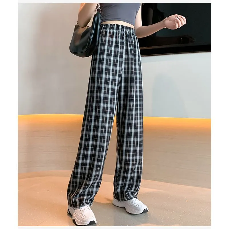 Casual Preppy Style Plus Petite Straight Pants Versatile Plaid Pants