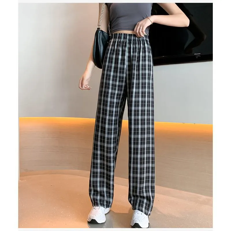 Casual Preppy Style Plus Petite Straight Pants Versatile Plaid Pants