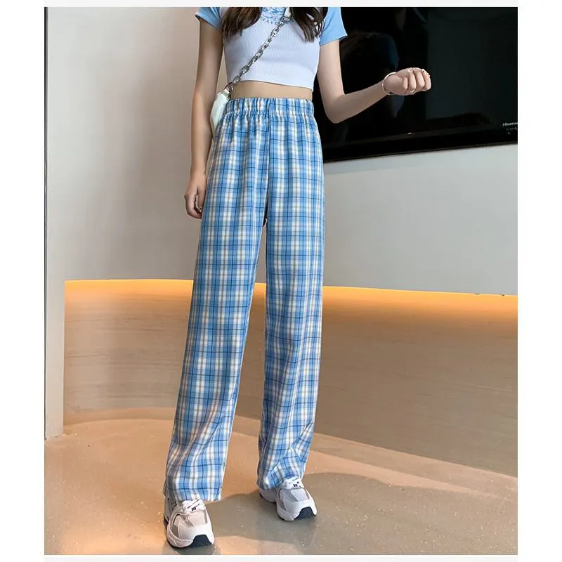 Casual Preppy Style Plus Petite Straight Pants Versatile Plaid Pants