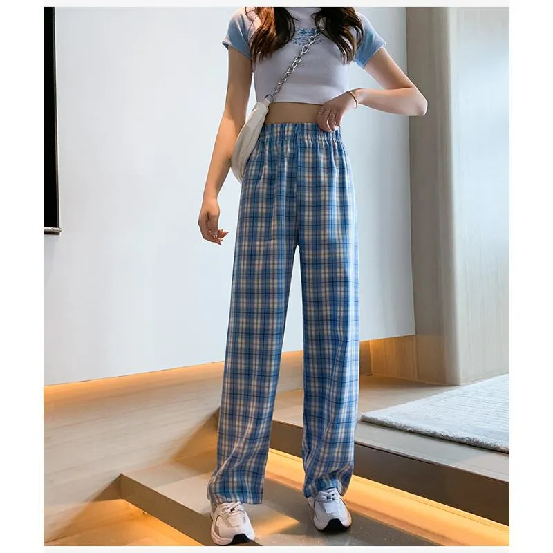 Casual Preppy Style Plus Petite Straight Pants Versatile Plaid Pants