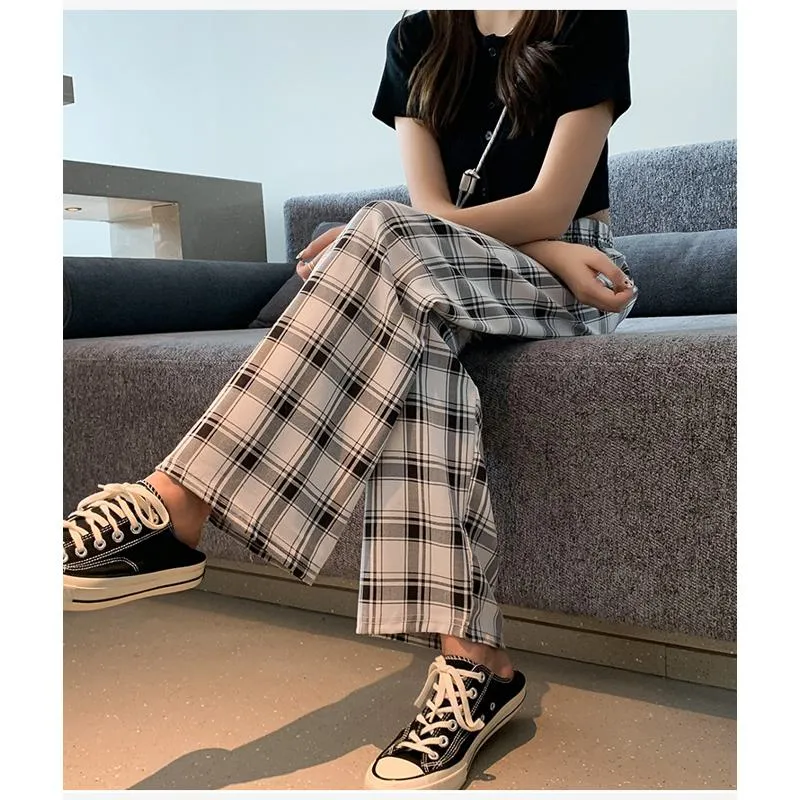 Casual Preppy Style Plus Petite Straight Pants Versatile Plaid Pants