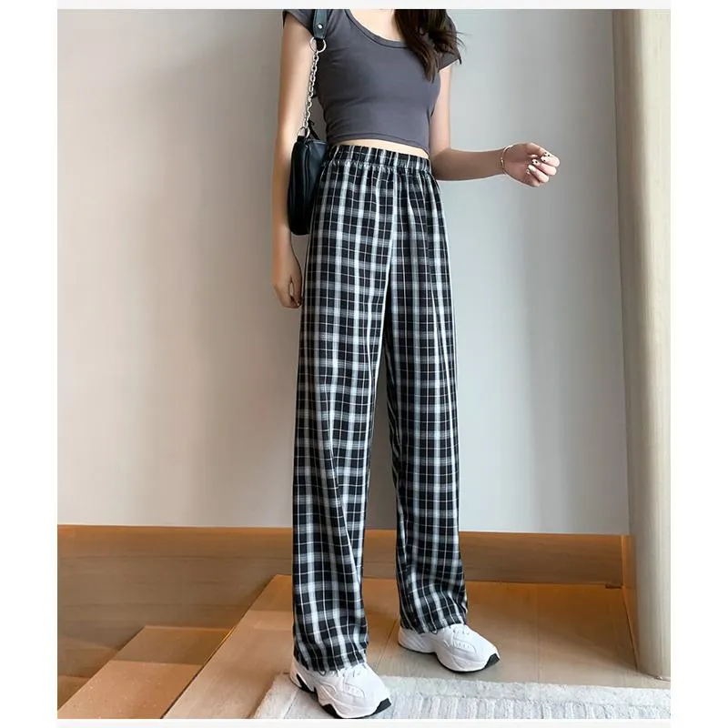 Casual Preppy Style Plus Petite Straight Pants Versatile Plaid Pants