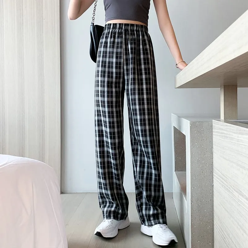 Casual Preppy Style Plus Petite Straight Pants Versatile Plaid Pants