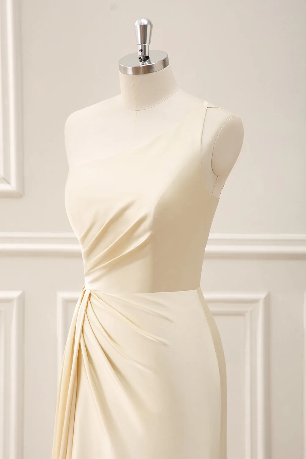 Champagne Sheath One Shoulder Satin Maxi Dress with Slit