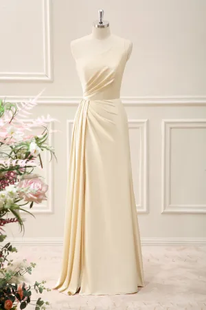 Champagne Sheath One Shoulder Satin Maxi Dress with Slit