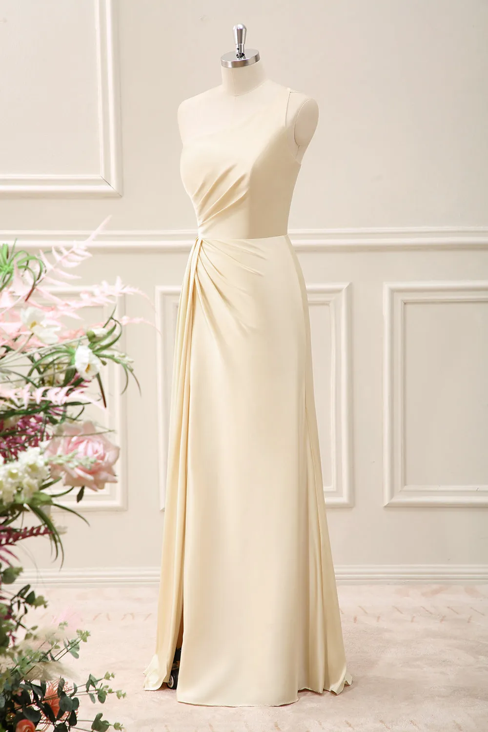 Champagne Sheath One Shoulder Satin Maxi Dress with Slit