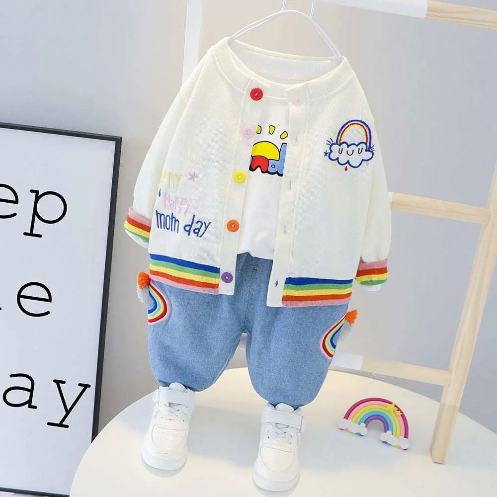 Cool 3Pcs Cotton Rainbow Print Jacket, Shirt and Pants