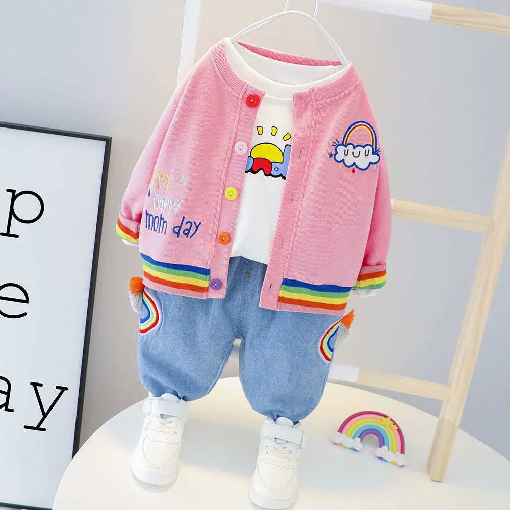 Cool 3Pcs Cotton Rainbow Print Jacket, Shirt and Pants