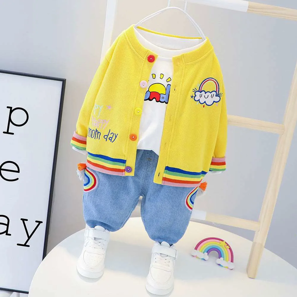 Cool 3Pcs Cotton Rainbow Print Jacket, Shirt and Pants