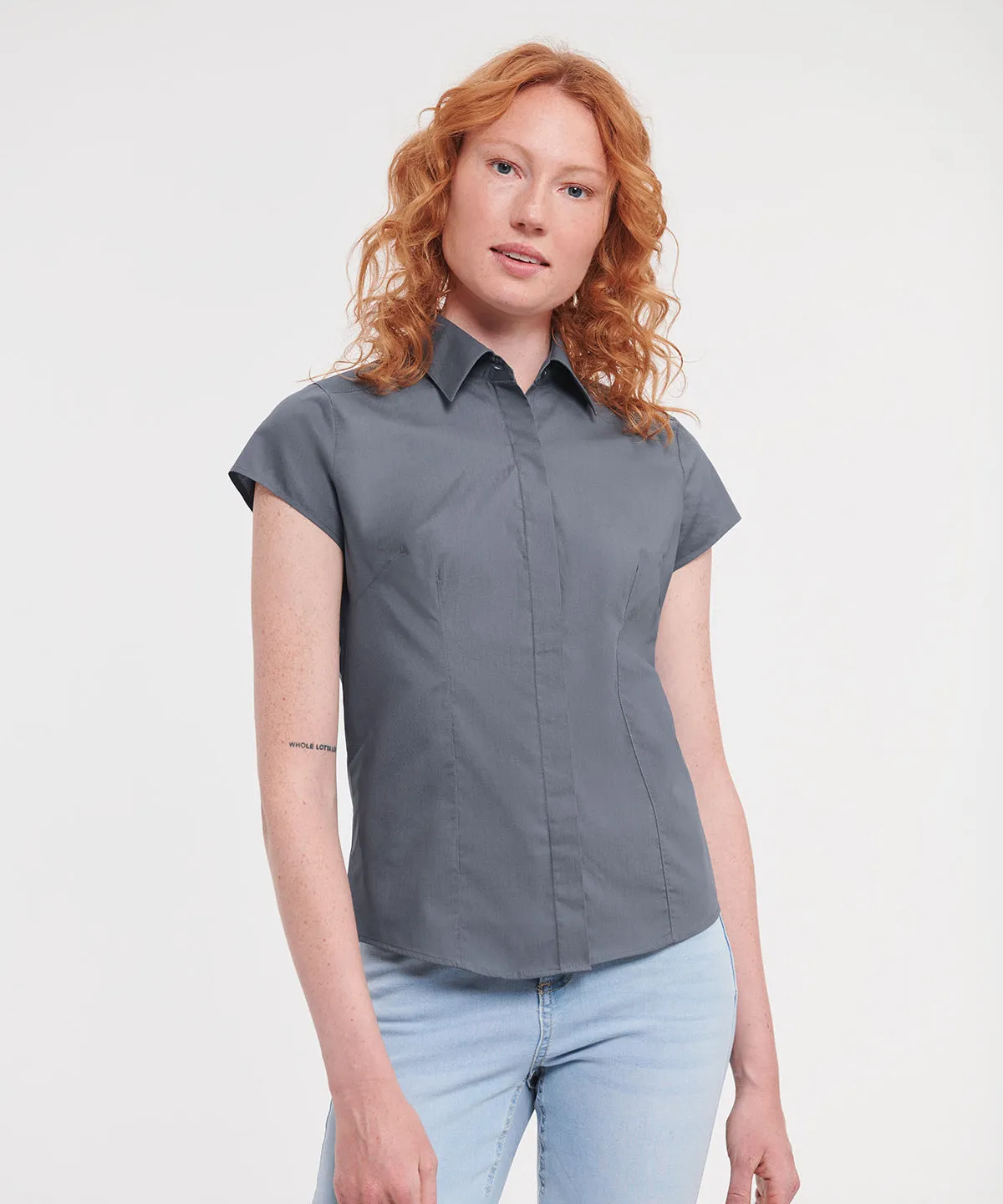 Corporate Blue - Women's cap sleeve polycotton easycare fitted poplin shirt