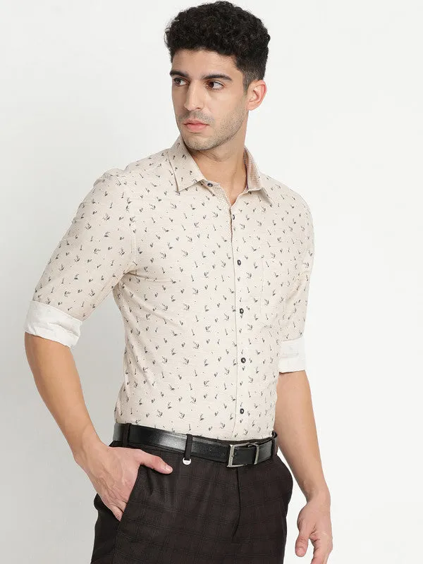 Cotton Beige Printed Slim Fit Shirts