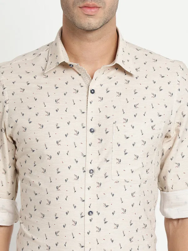 Cotton Beige Printed Slim Fit Shirts