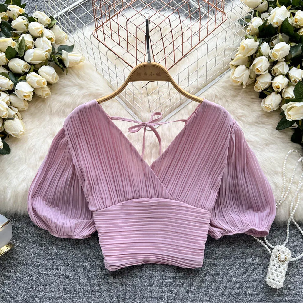 Cute v neck crop tops fashion girl tops     S156