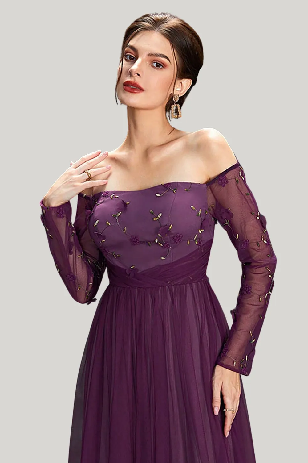 Dark Purple Tulle A Line Off the Shoulder Maxi Dress with Sleeves