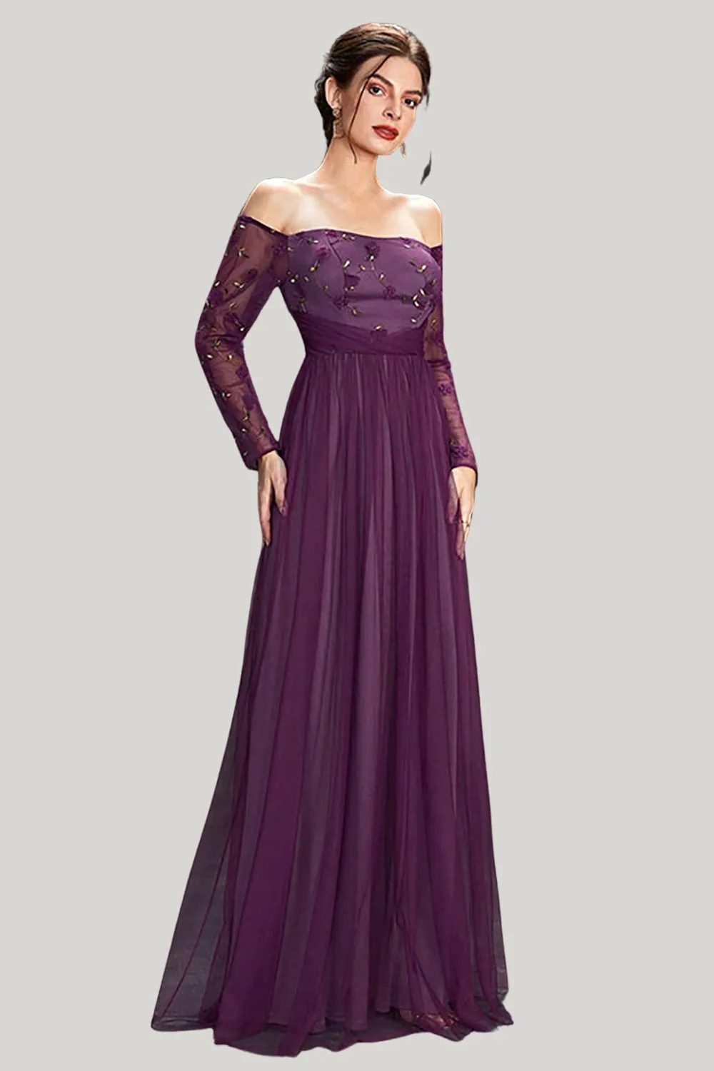 Dark Purple Tulle A Line Off the Shoulder Maxi Dress with Sleeves