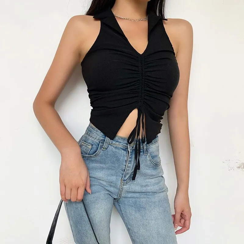 Deep V-Neck Sleeveless Tank Top Women Summer Crop Tops Ruched Drawstring Black Fashion Skinny Elastic Streetwear