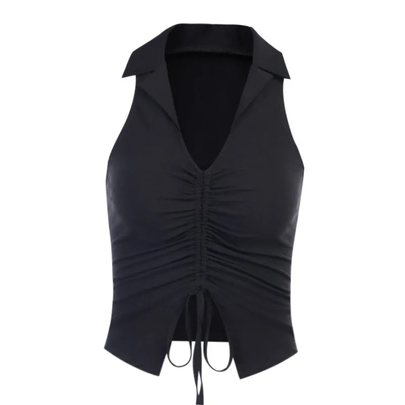 Deep V-Neck Sleeveless Tank Top Women Summer Crop Tops Ruched Drawstring Black Fashion Skinny Elastic Streetwear