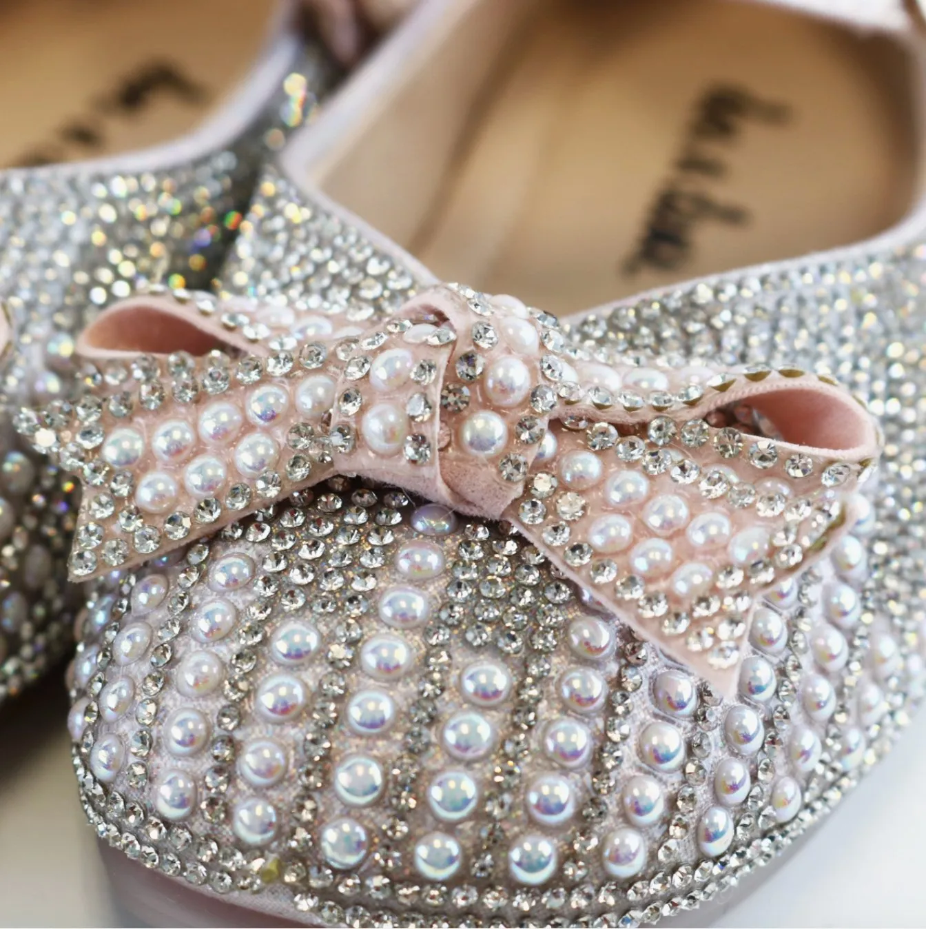 Doe a Dear PINK Pearl & Rhinestone Bowtie Girls Dress Shoes